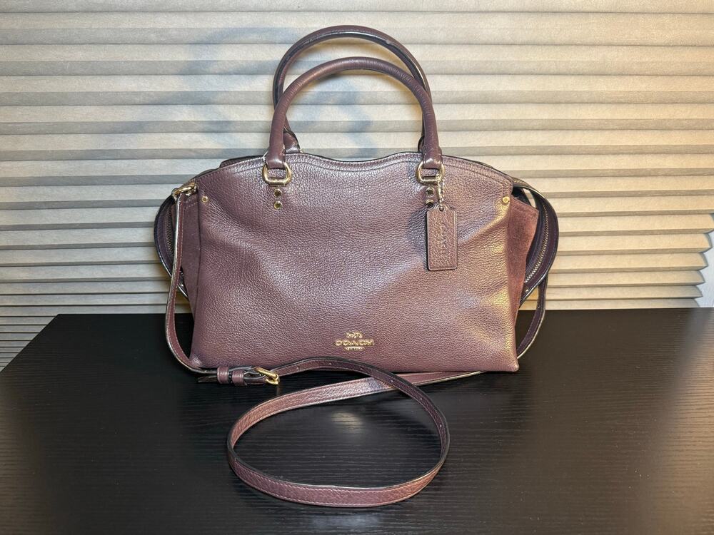 Coach J1881-40862 Dark Plum Pebbled Leather Satchel Carryall Purse Handbag FLAW